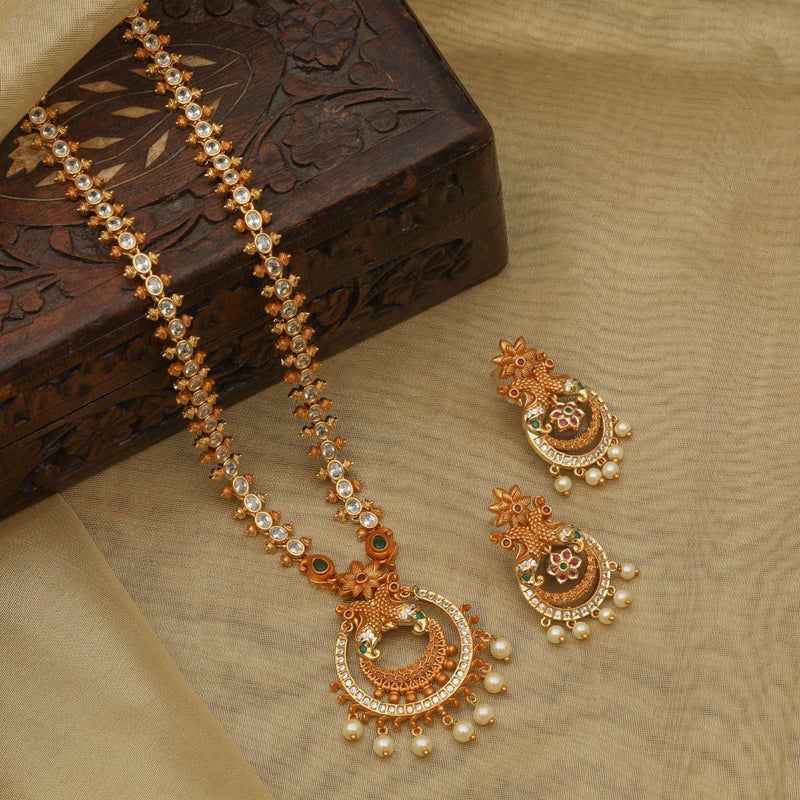 TARINIKA Antique Gold Plated Indian Long Necklace Set for Women with Jhumka, Dangle, Drop Earring Brass Traditional Wedding Desi Jewelry CZ Gemstone Bridal Necklace (Hrida Nakshatra) - Image 3